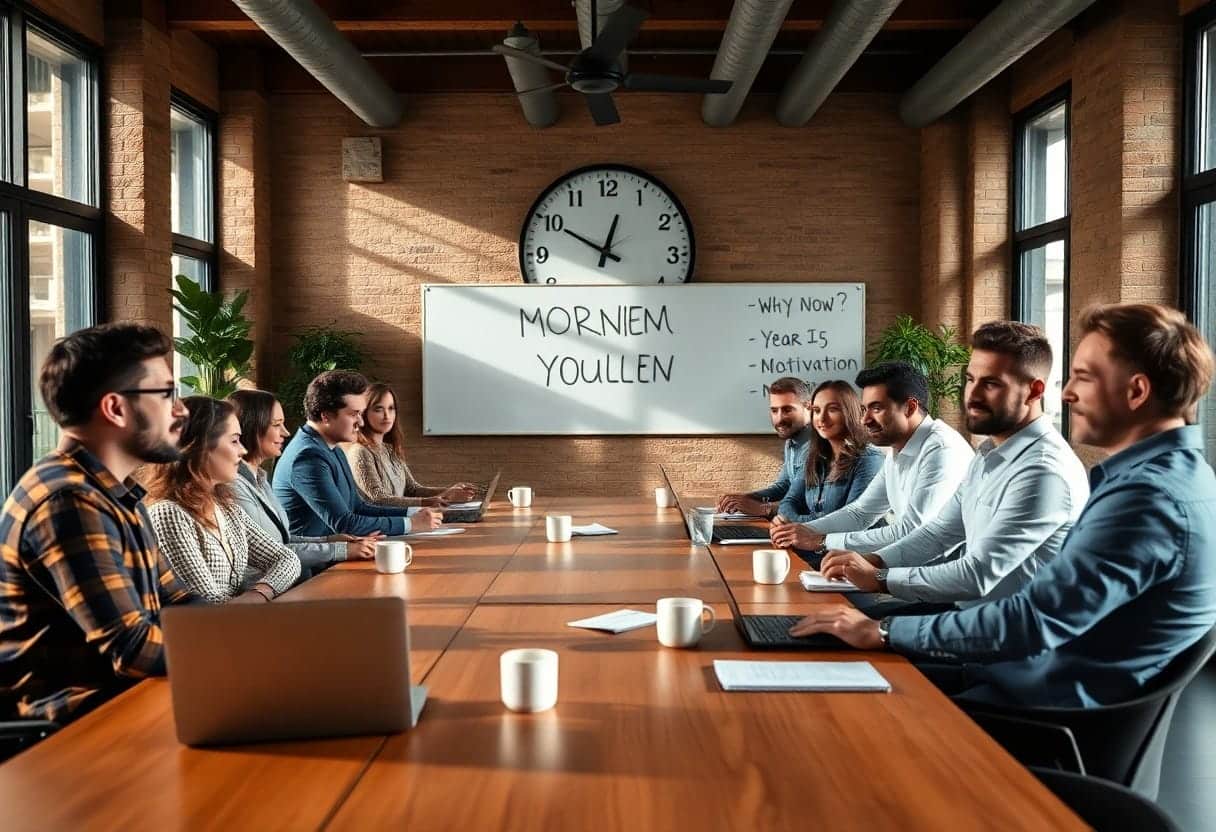 A group of people seated around a conference table in a meeting room with a clock and whiteboard.